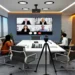 Video conferencing setup in a modern office.