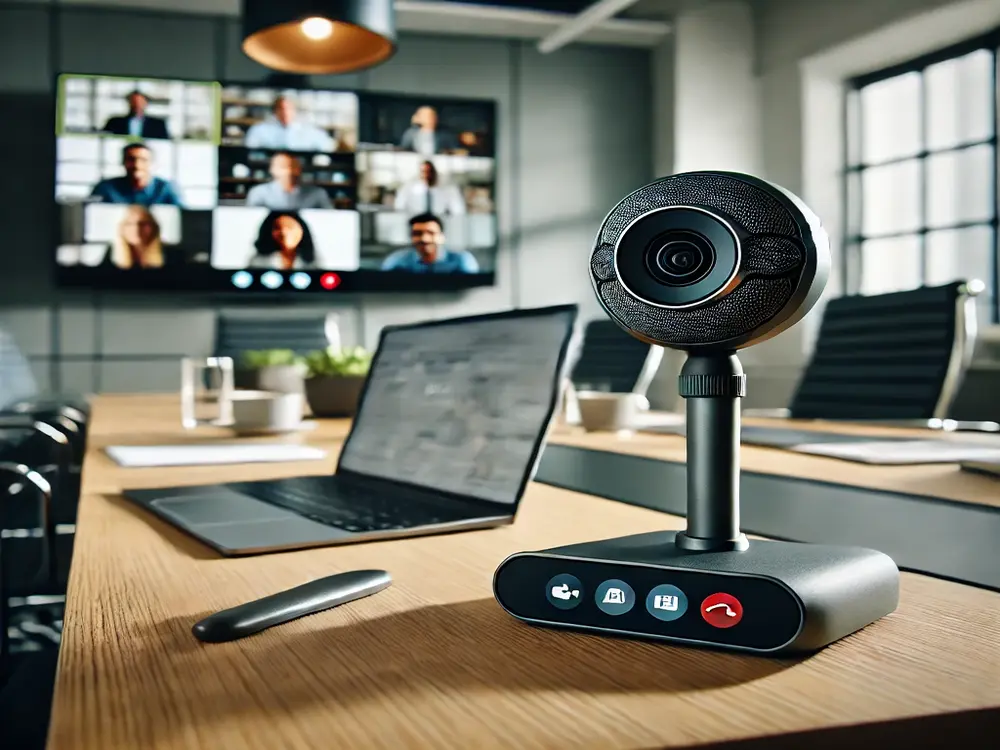 Video conferencing setup in a modern office.