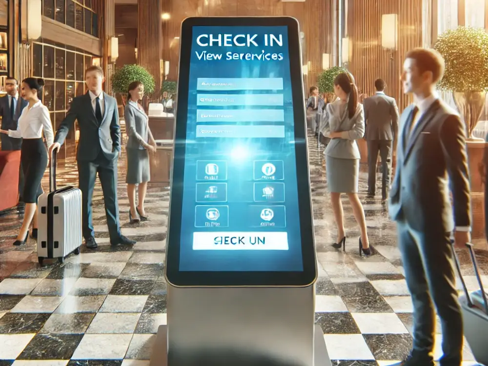 A modern interactive kiosk in a healthcare facility for streamlined patient check-ins.