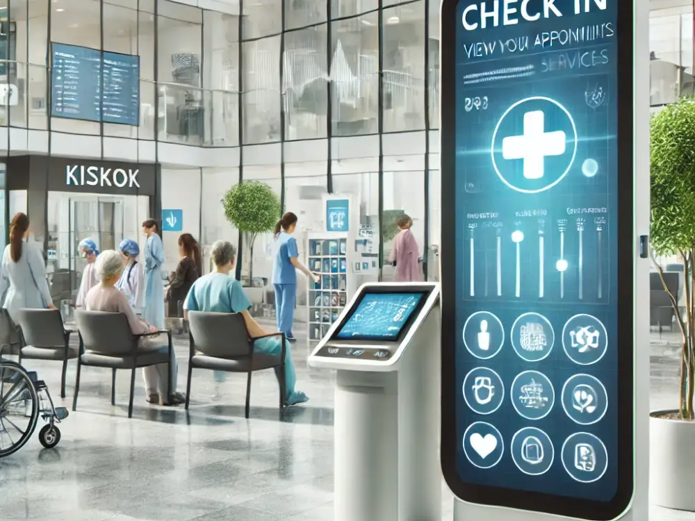 A modern interactive kiosk in a healthcare facility for streamlined patient check-ins.