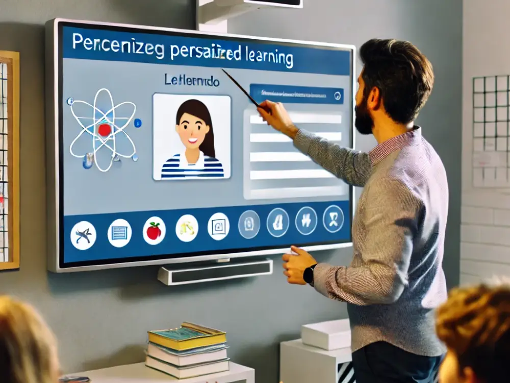 Interactive smartboard in personalized learning classroom.