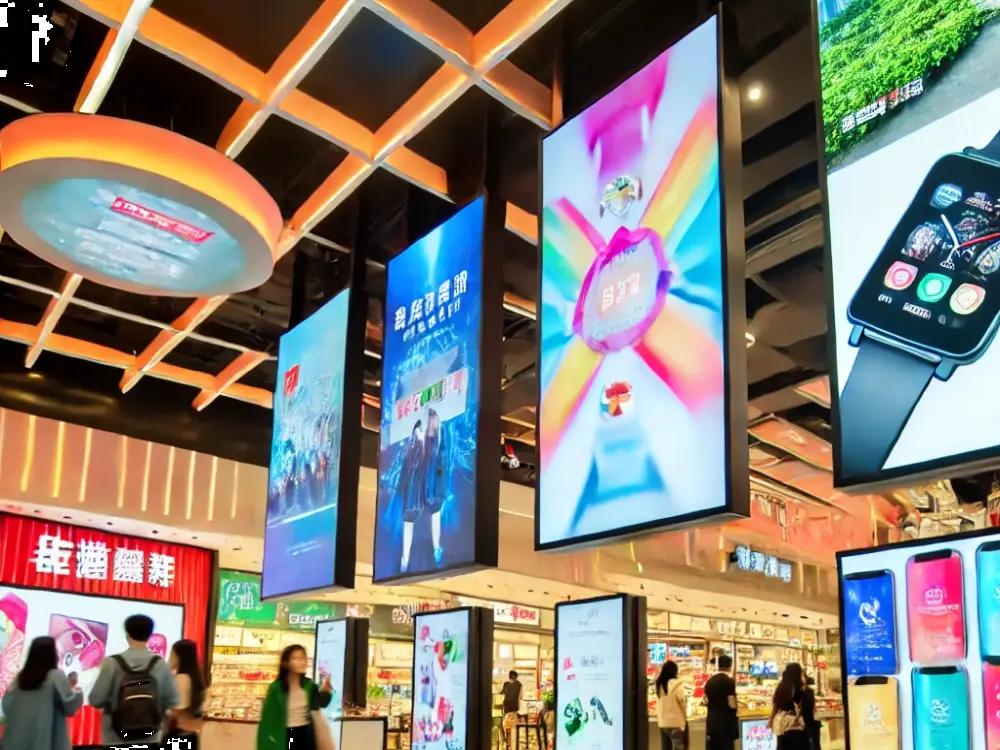 LED screens in retail spaces showcasing product promotions.