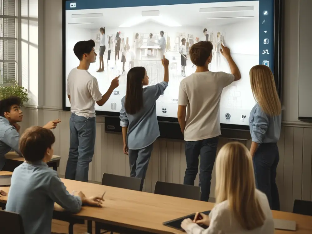 Students interacting with Arvia Smartboards in a classroom setting.