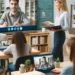 Students and teachers using video conferencing in a modern classroom.