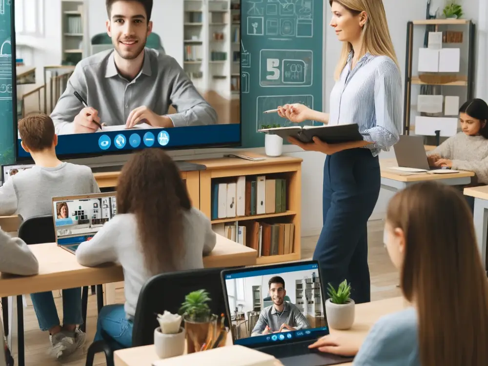 Students and teachers using video conferencing in a modern classroom.