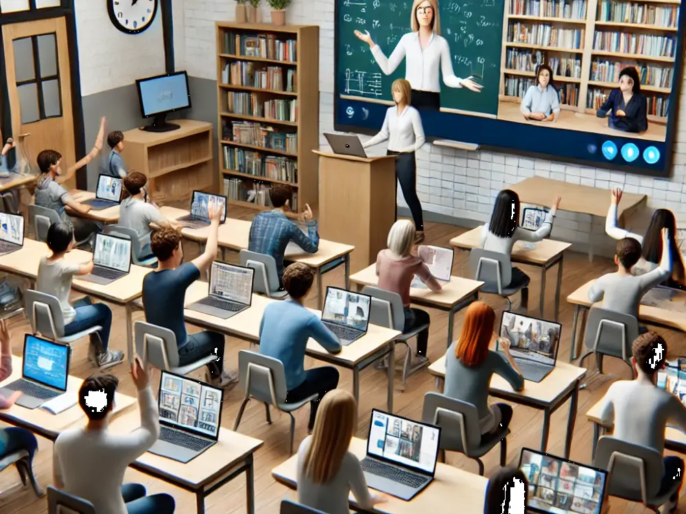 Students and teachers using video conferencing in a modern classroom.