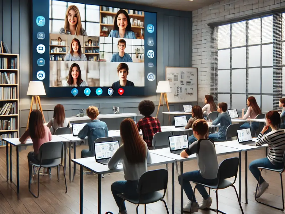 Students and teachers using video conferencing in a modern classroom.