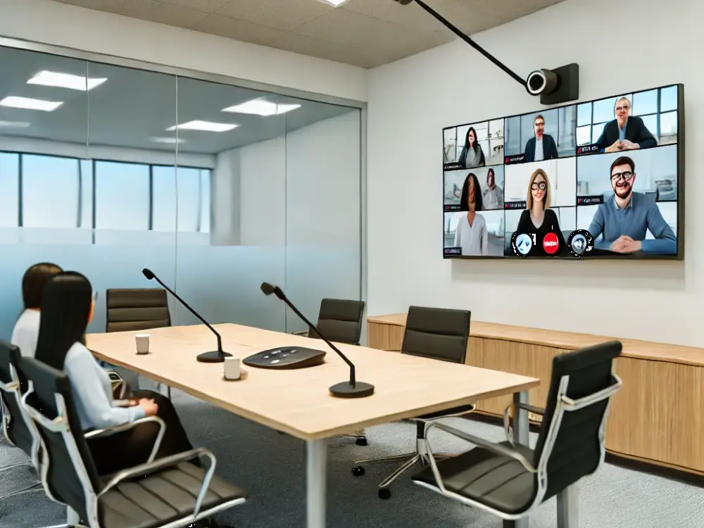 Video conferencing setup in a modern office.